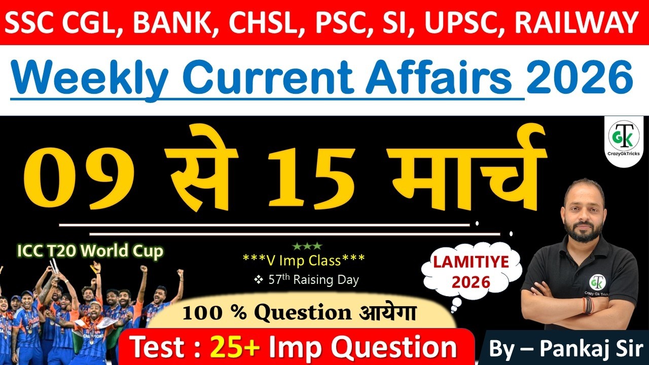 09 - 15 March 2026 Weekly Current Affairs | Most Important Current Affairs 2026 | CrazyGkTrick