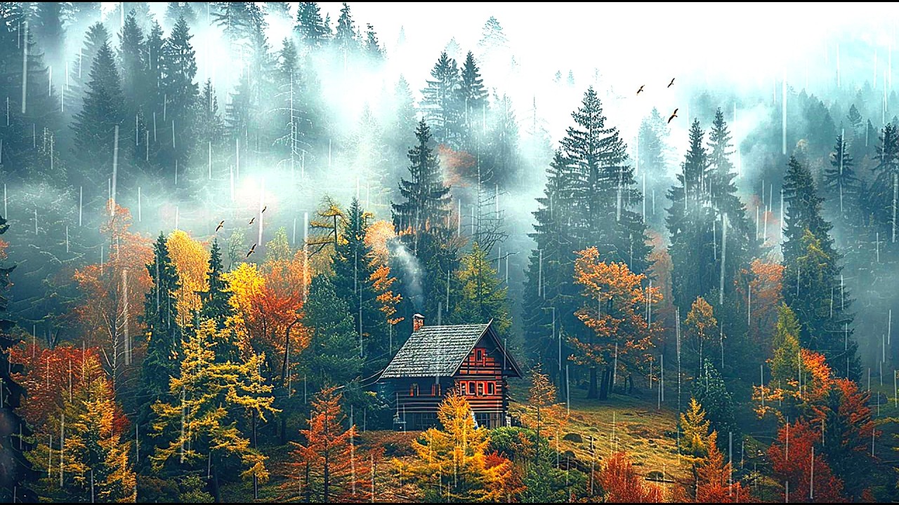 Woeden House in Serene Autumn Forest   Rain and Birds amBIENCE