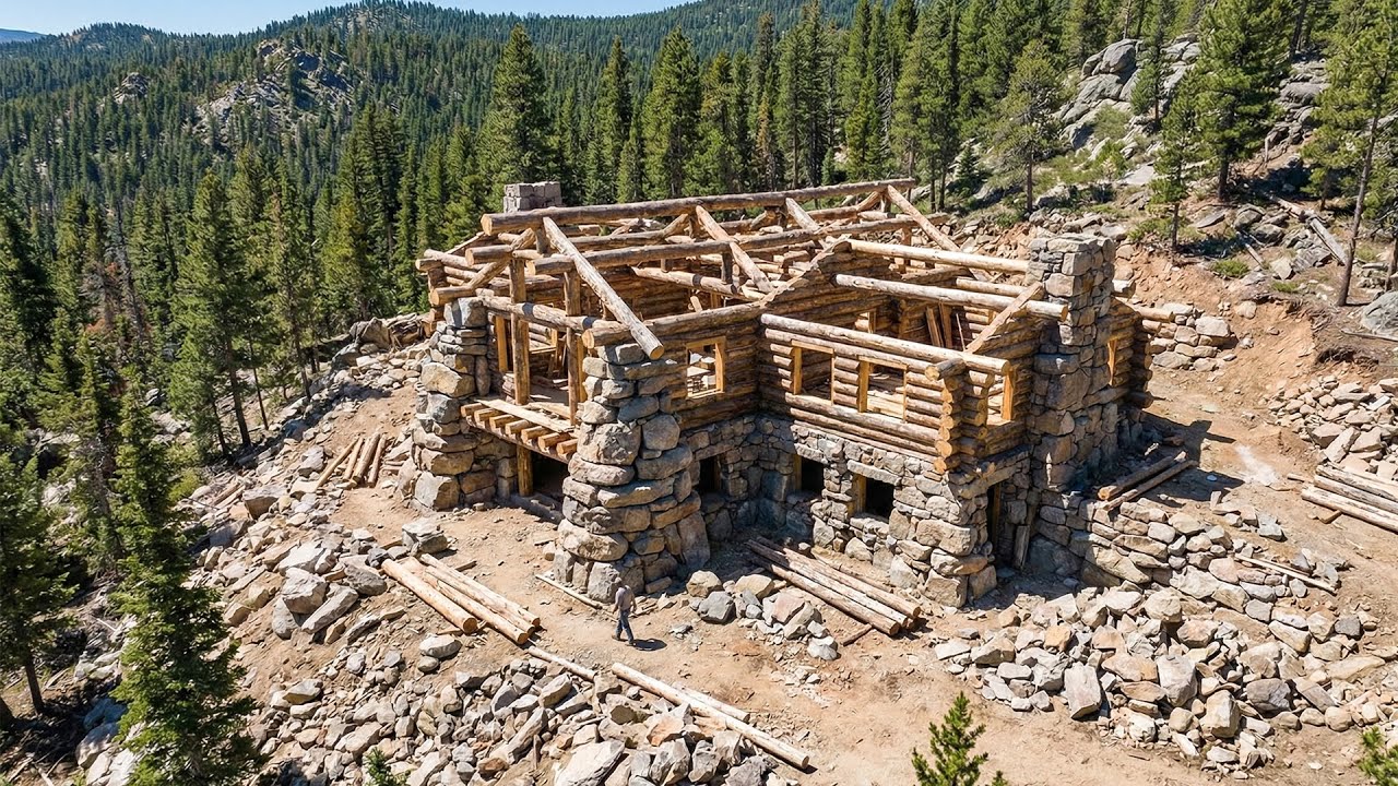 Build a Stone House in the Mountains | Primitive Log Cabin with Massive Stones
