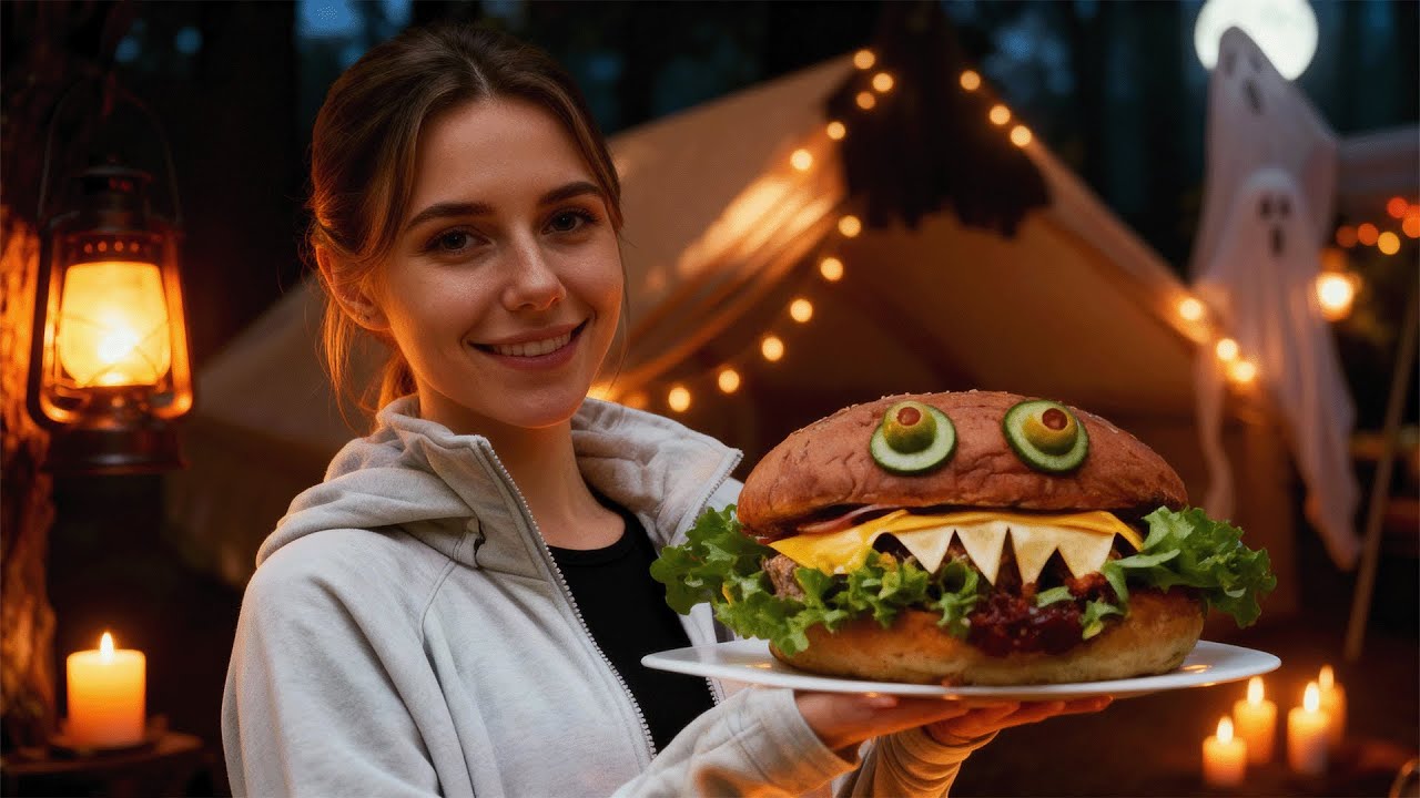 Cozy Halloween Camping Alone | Rain Sounds, Pumpkin Carving & Monster Burger Night | Solo Girl