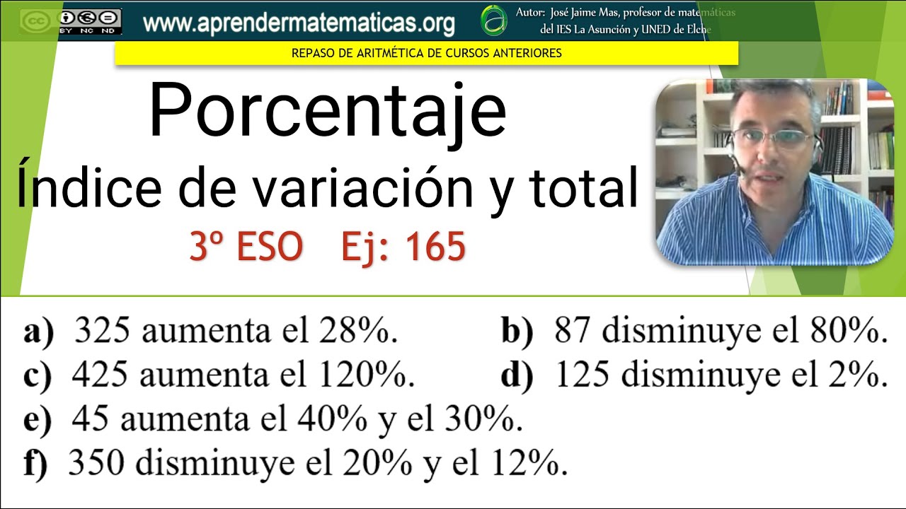 Aritmética. Porcentajes. Índice de variación. Cantidad final. 3 eso 01 165. José Jaime Mas