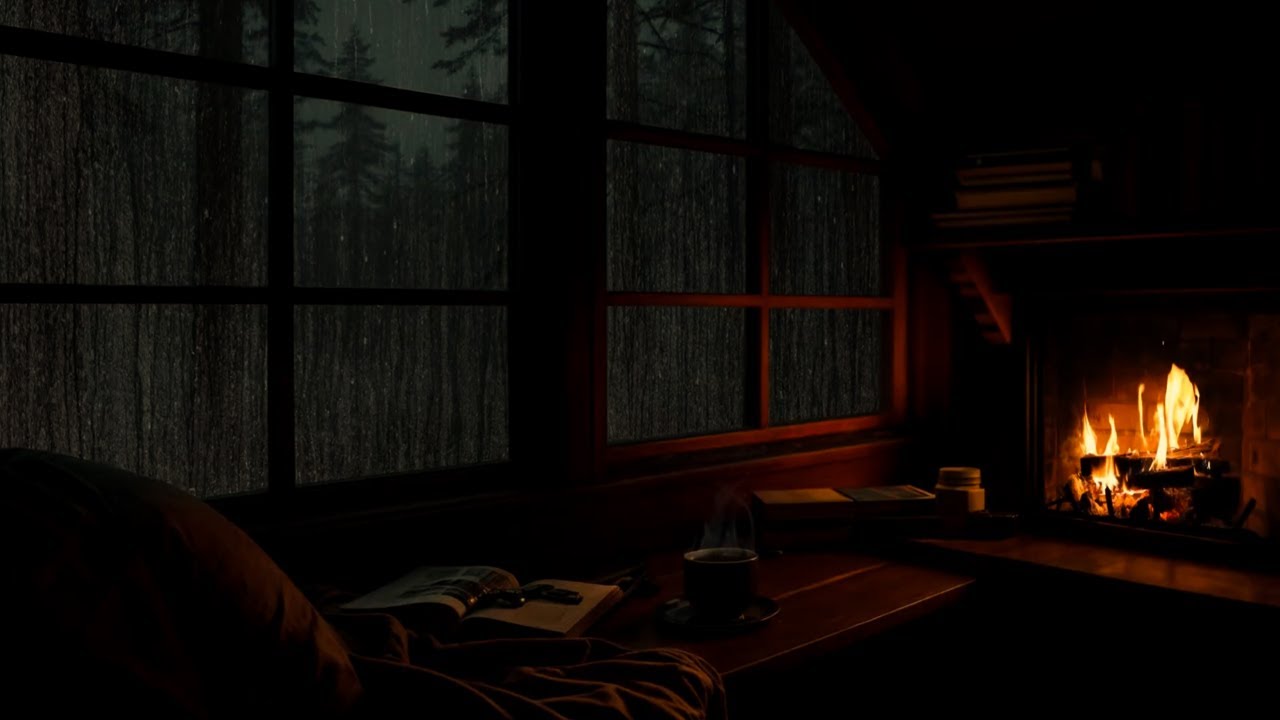 Coffee on the Windowsill in the Rain – Cozy Fireplace Night Ambience | Ember Night Rain