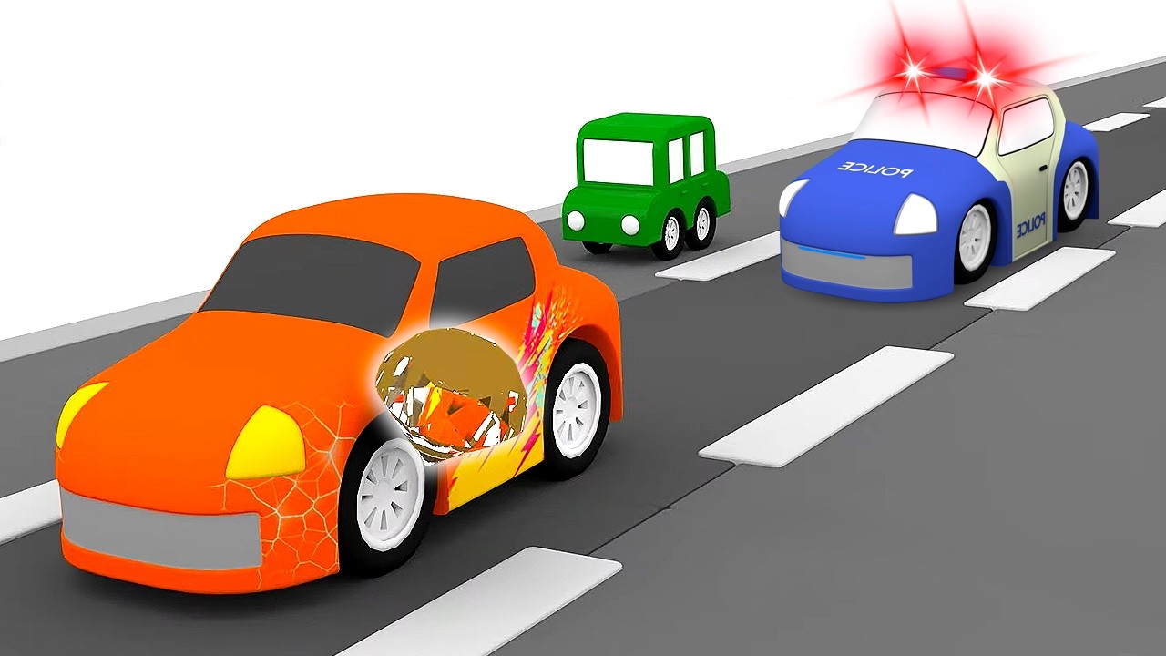 Quatro carros coloridos vão ajudar os policiais e outros carrinhos! Desenho animado infantil