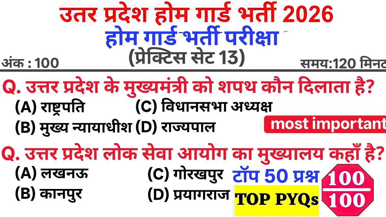 उत्तर प्रदेश होम गार्ड भर्ती परीक्षा 2026🔥 | महत्वपूर्ण प्रश्न (Practice Set 13) PYQs & GK Questions