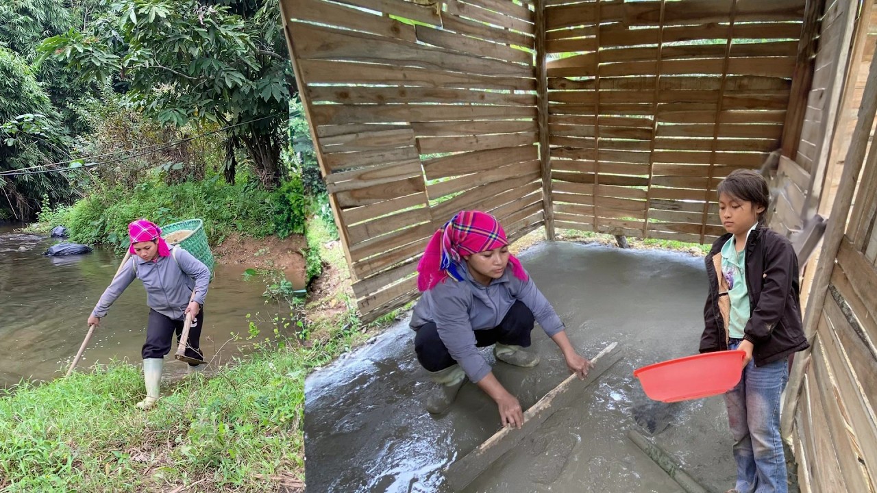 A Difficult Journey: Single Mother Uses Sand and Cement to Build a Foundation for Her Wooden House