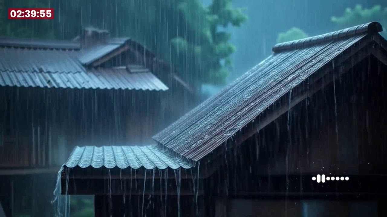Heavy Rainstorm with Strong Wind in Abandoned Garden in Small Town at Night - Rain Sounds for Sleep