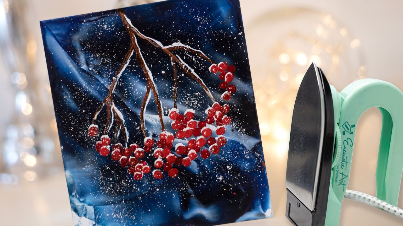Encaustic - Schneebedeckter Schlehenzweig im Winter