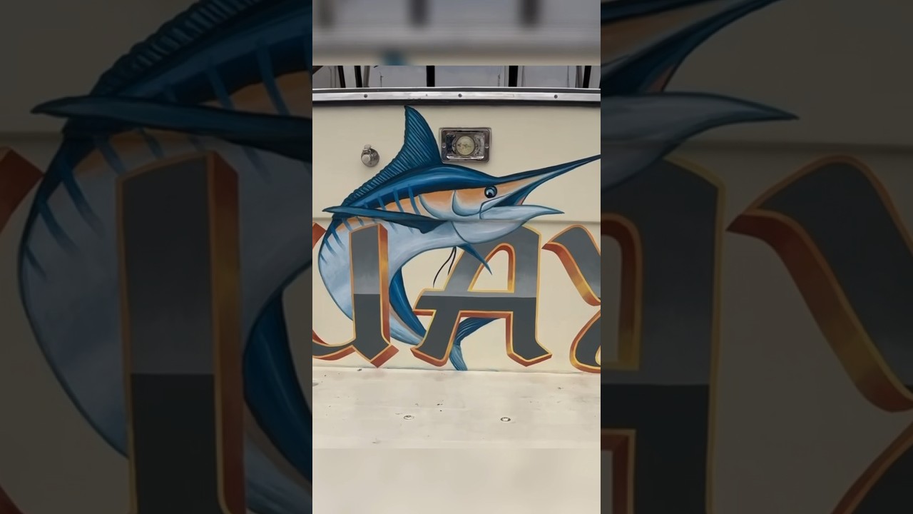 Painting a jumping marlin and the name of the boat &ldquo;Guayo&rdquo;🛥️  #painting #art #boat #marlin #mural