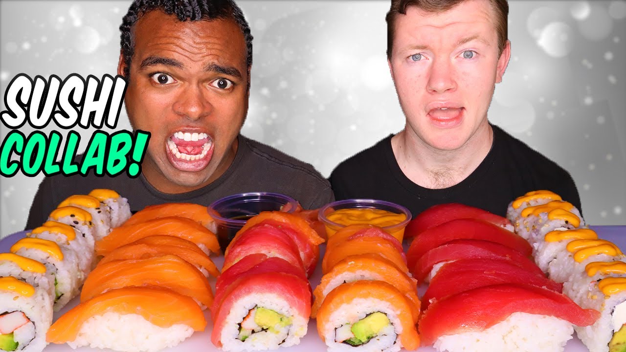 ASMR SUSHI MUKBANG! W/ @PandaEatsASMR *SALMON NIGIRI, TUNA ROLL, RAW SALMON ROLL* EATING SOUNDS