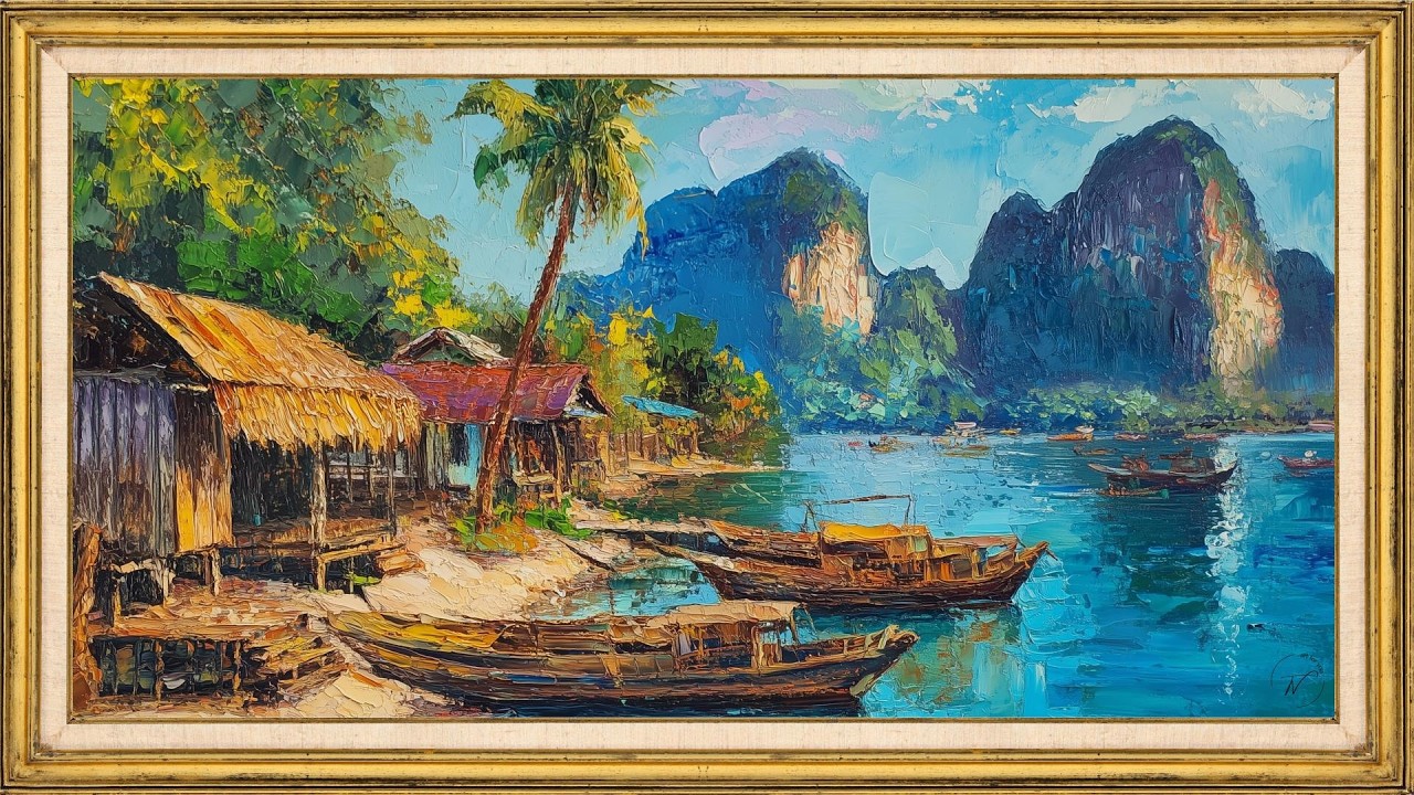 Relaxing Tropical Village Painting | 2 Hour TV Frame Art Screensaver | Calm Coastal Landscape