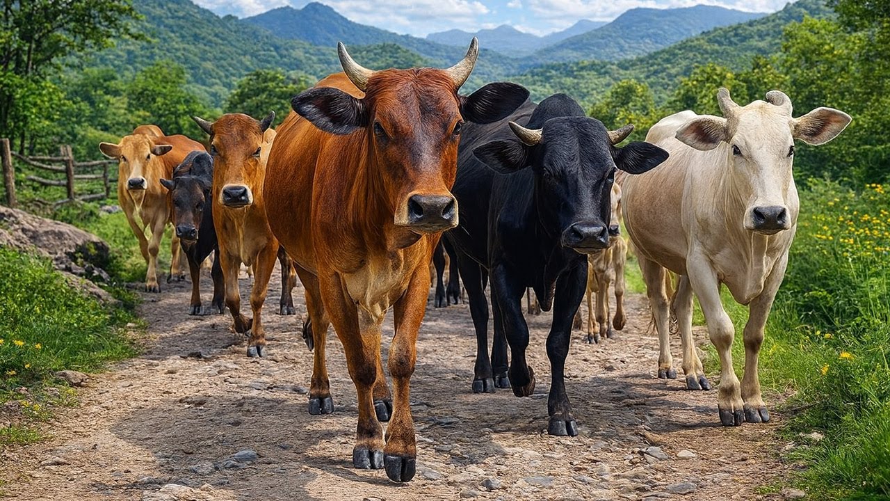 Puluhan Sapi Ternak Berjalan ramai-ramai ke kandang, Suara Sapi Moo, Sapi Lucu yang berjalan santai