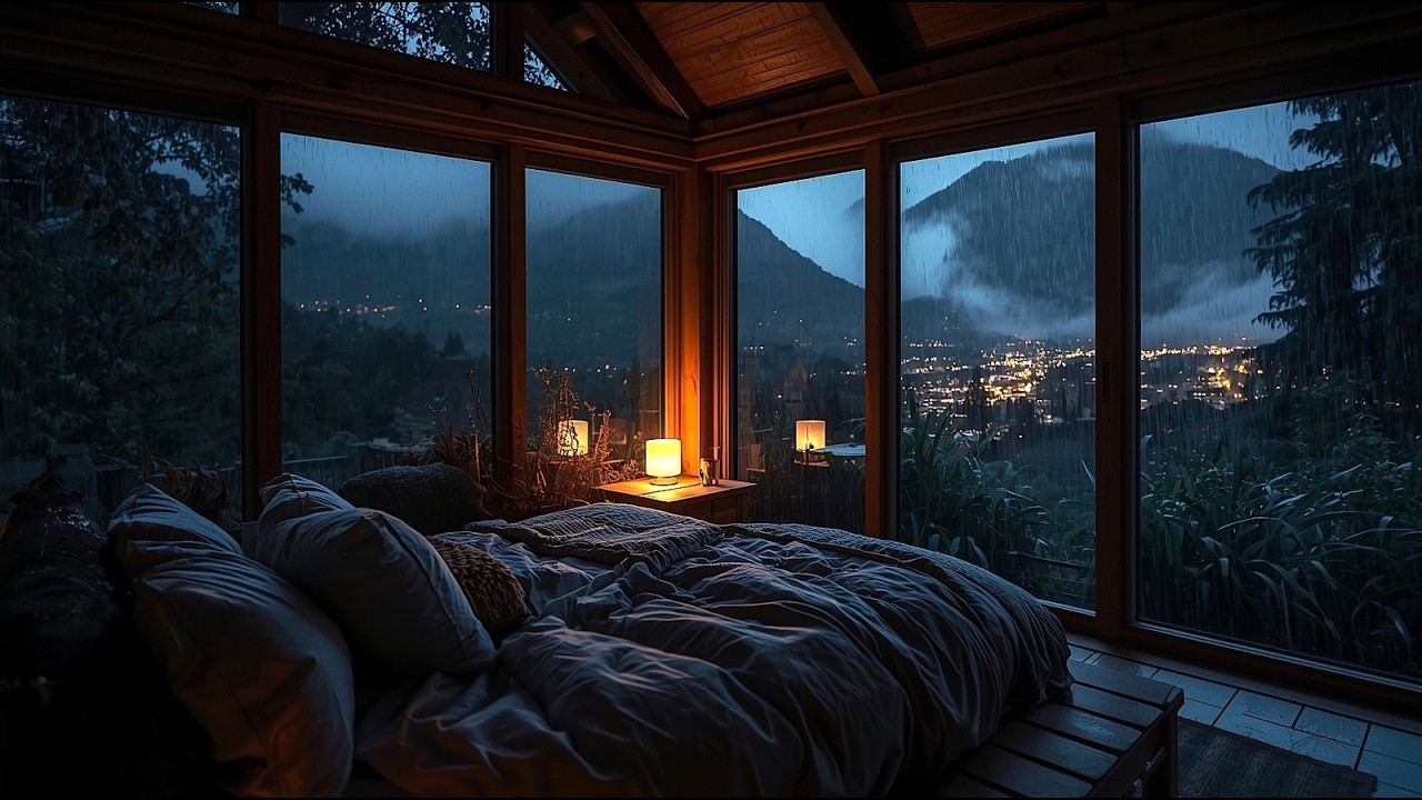 Calm Rainy Night in a Cozy Mountain Cabin 🌧️ |City Lights Ambience for Deep Sleep & Relief (4 Hours)