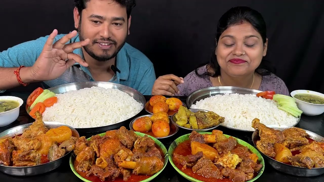 mutton curry, chicken curry, fish curry egg curry, lalte shak and rice eating show