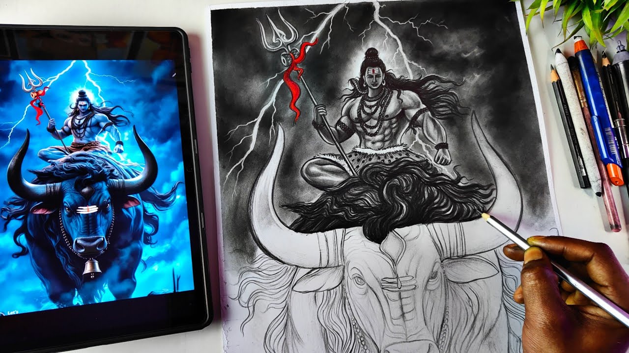 Lord Shiva Drawing Sketch With Nandi Maharaj, Mahashivratri Drawing, Mahadev Drawing Step By Step