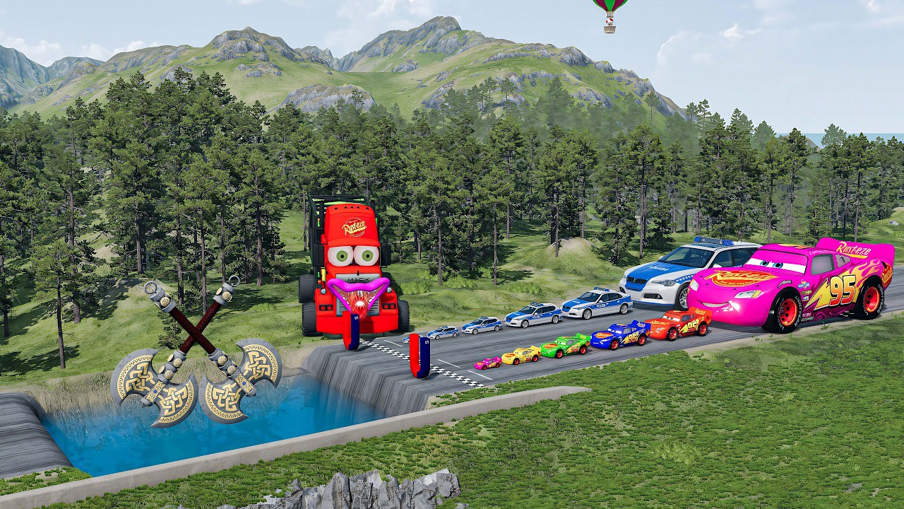 Big & Small McQueen & Police Car vs Zombie Mack, Giant Water Pit & AXE Downhill Race BeamNG.drive