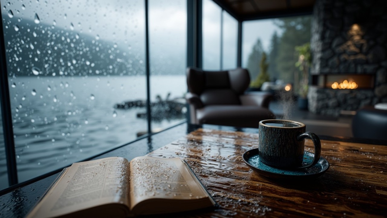 Gentle Jazz Cabin Music for Rainy Days ~ Cozy Fireplace Ambience & Relaxation