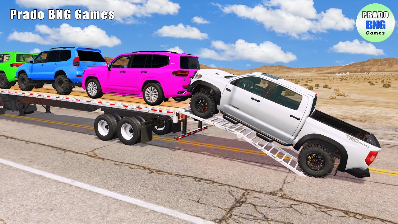 Toyota, Mercedes, трактор и грузовик с платформой против поезда – BeamNG.drive 435