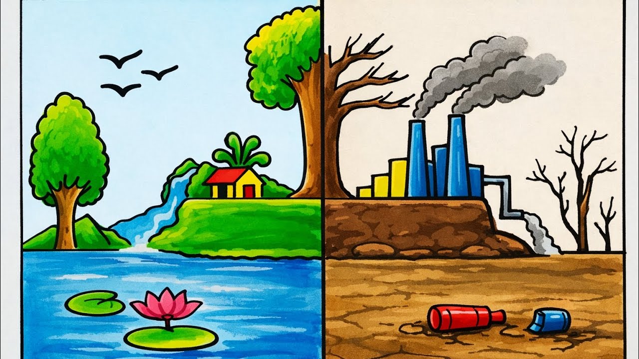 🔥 प्रदूषण का नर्क बनती धरती 😭 | Earth in Danger Drawing | Pollution vs Life | Environment Art