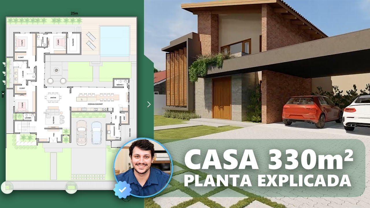 Planta de Casa 330m² - Cozinha Gourmet com Churrasqueira