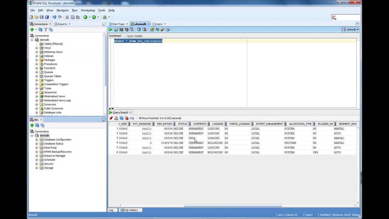 How to find the tablespaces in an Oracle Database - Database Tutorial 55 - Oracle DBA Tutorial