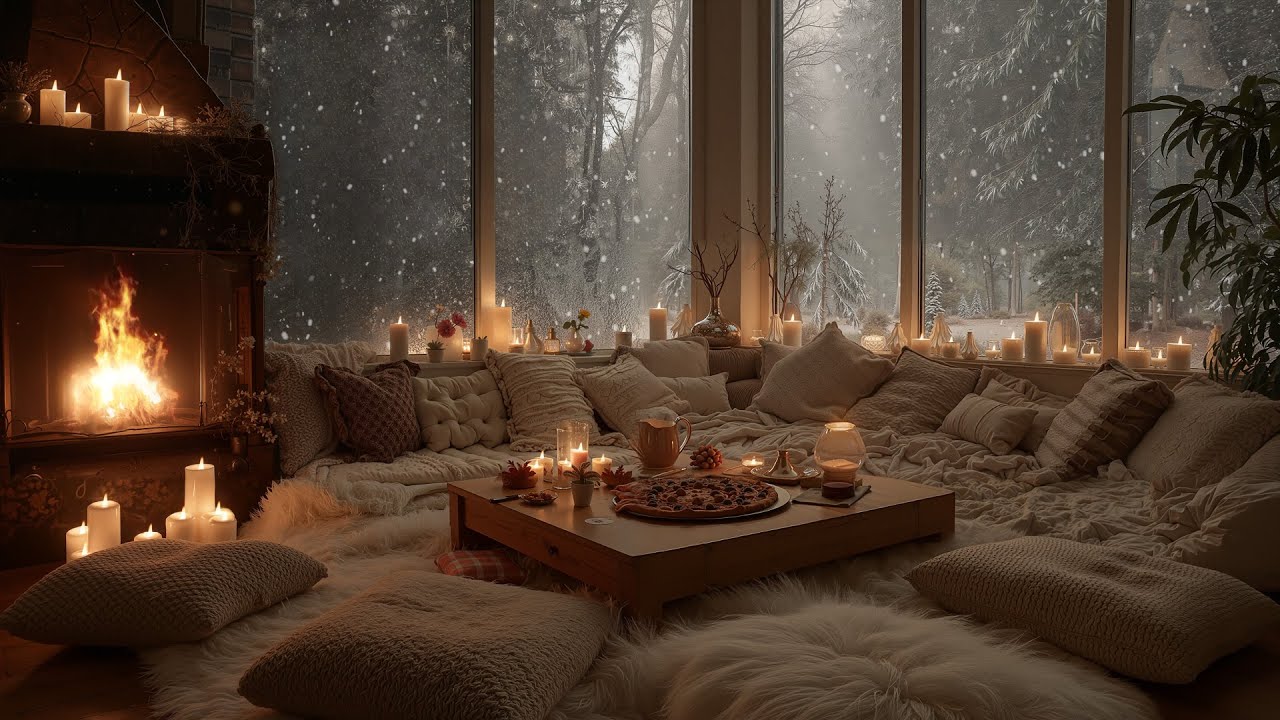 A Calm Winter Cabin Evening ❄️ Piano, Snowfall & Fireplace Glow for Relaxation