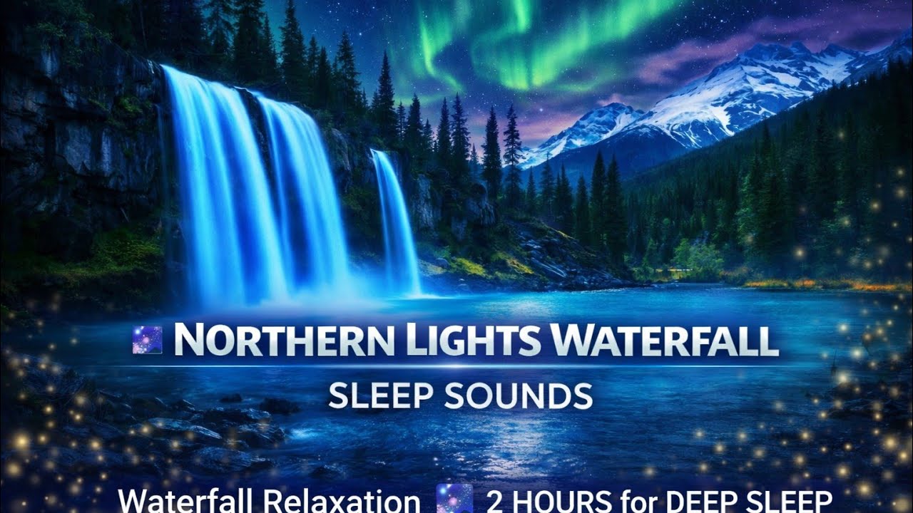 🌌 Northern Lights Waterfall in Mountains | Bubbling Water & Relaxing Music for Sleep 2 Hours ✨🌊
