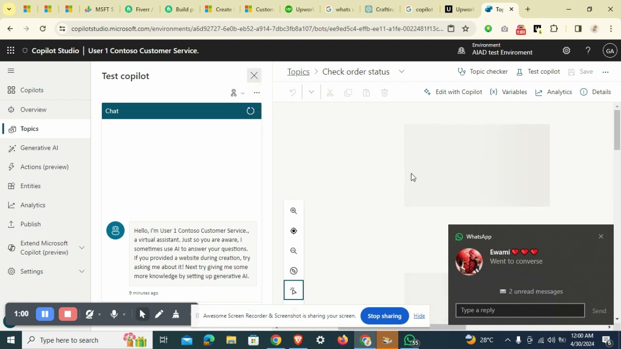 Overview   User 1 Contoso Customer Service    Microsoft Copilot Studio
