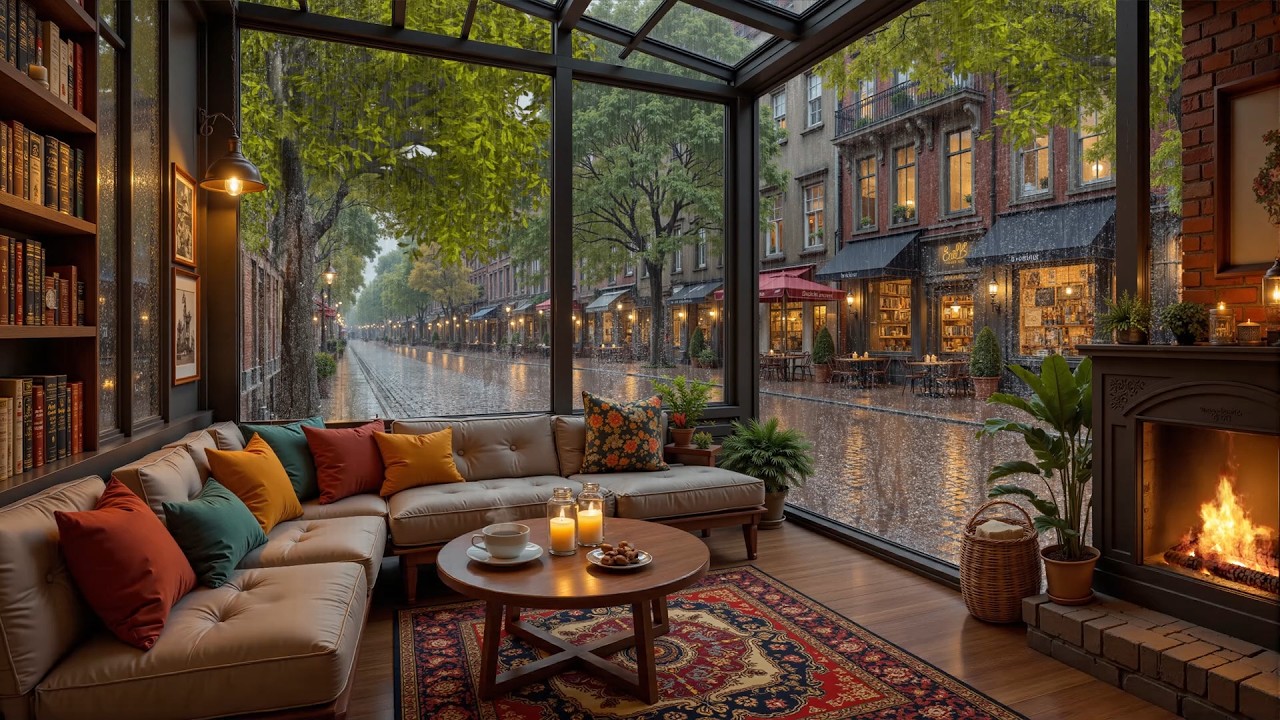 Peaceful Morning at the Rainy Café ☕ Smooth Jazz Piano & Fireplace Sounds for Relax, Study and Work