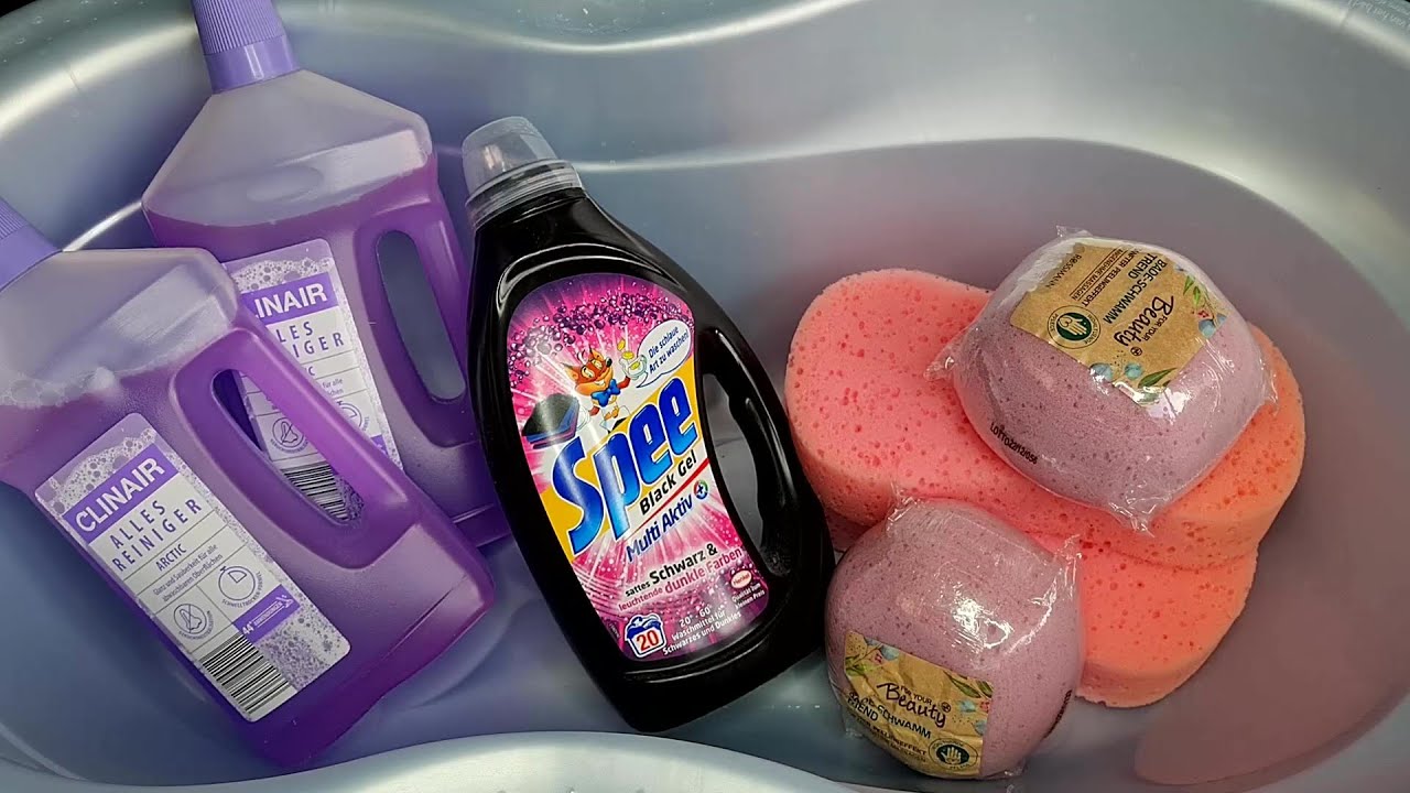 ASMR (183) Sponge squeezing/Фиолетовое моющее средство и гель для стирки/3 вида губок/2 видео в 1