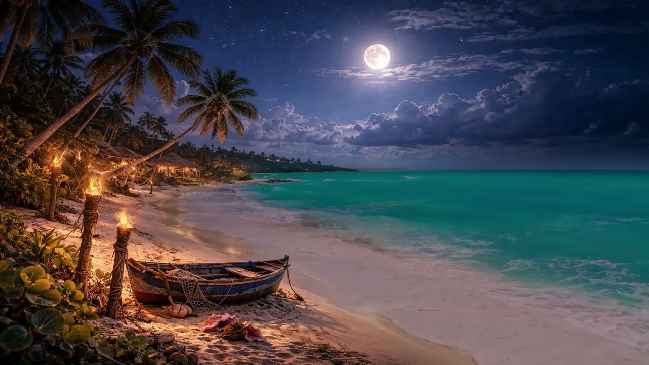 Caribbean Beach at Night | Calm Ocean Waves