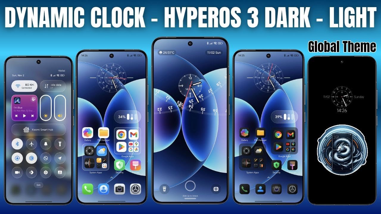 HyperOS 3 Dark - Light iCon Pack и виджеты динамических часов для Xiaomi Global