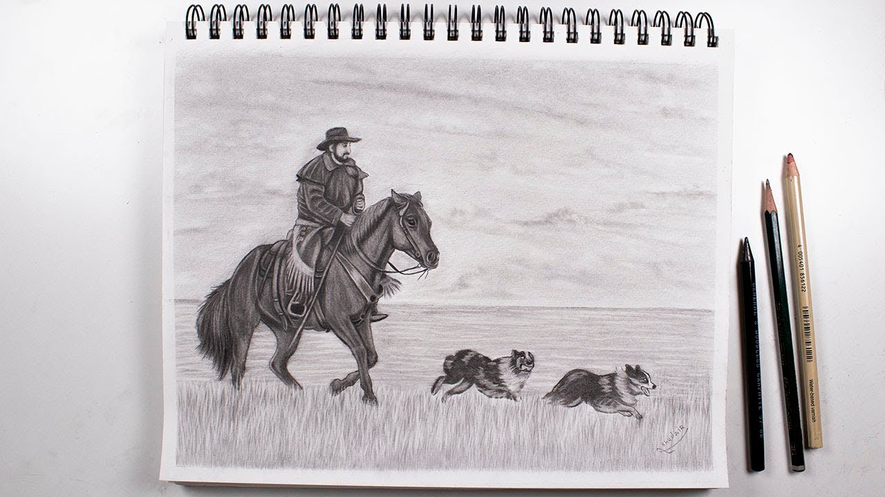 Pencil drawing - drawing of a horse, a man and two dogs