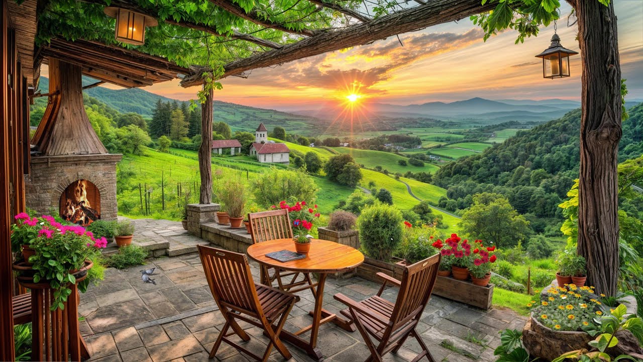 Cozy Hillside Porch Ambience 🌄 Warm Fireplace & Golden Sunset Nature Sounds