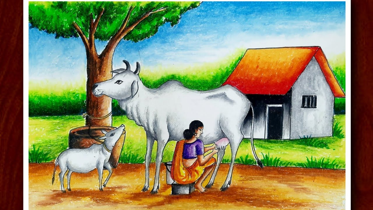 Easy scenery drawing with human figure and animal figure | cow and milkmaid