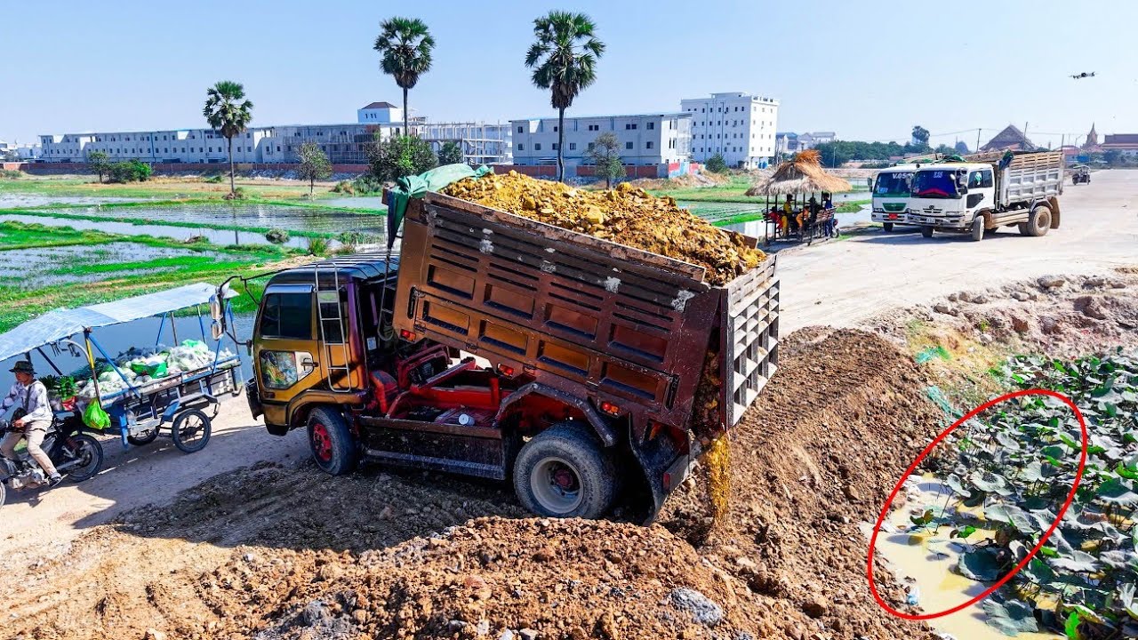 Best Technique Skill Operator Dozer KOMATSU D31P Push soil cutting slope Rezise Road And 5Ton Trucks