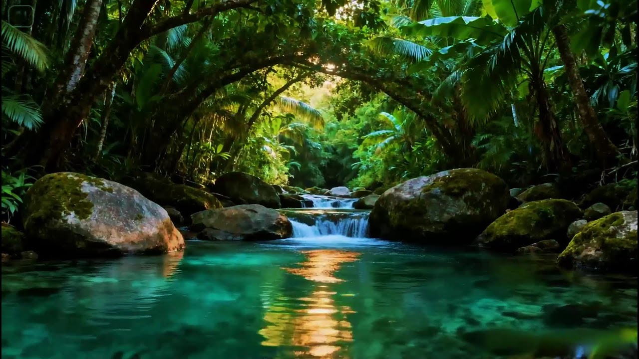 Calming Forest Ambience Sounds | River Flowing in Hidden Forest | Natural Birds Chirping Sounds