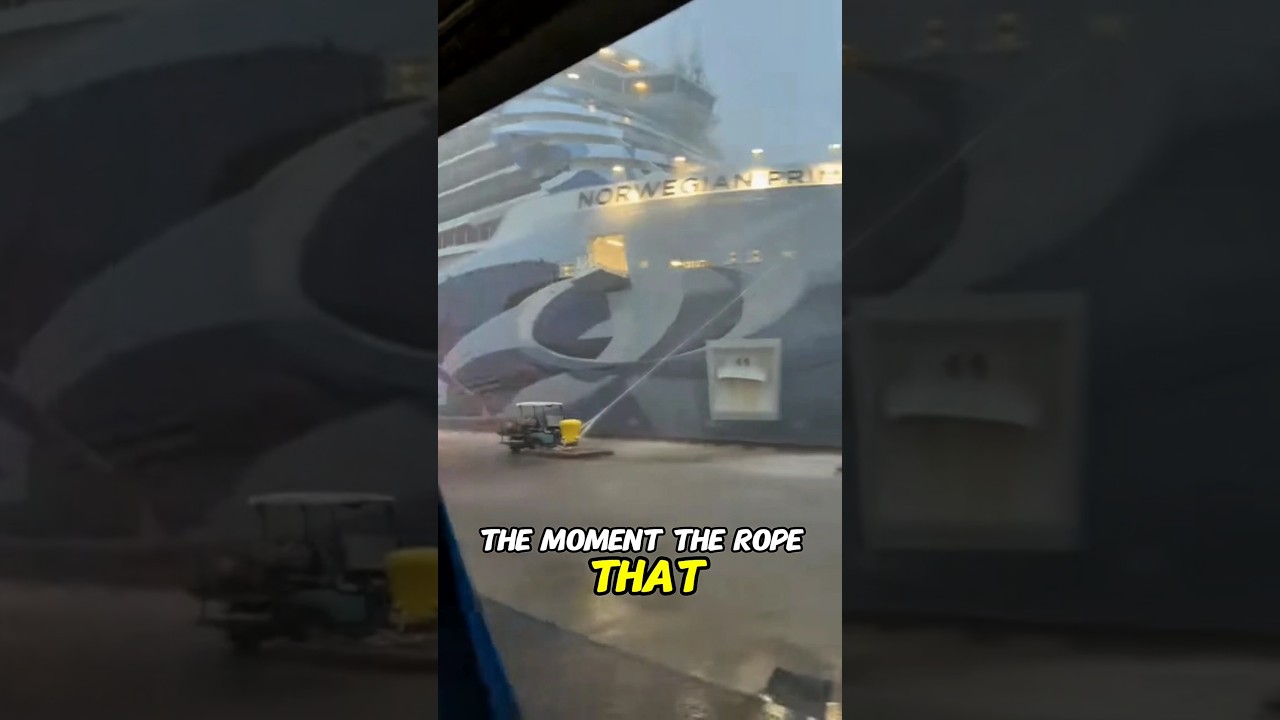 A cruise ship's rope at the dock broke during a storm