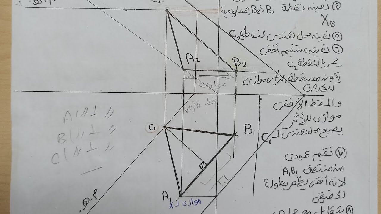 هندسه وصفيه تعين مساقط مثلث واقع داخل مستوى ( احد التطبيقات على المستوى والأوضاع الخاصه للمستقيم)