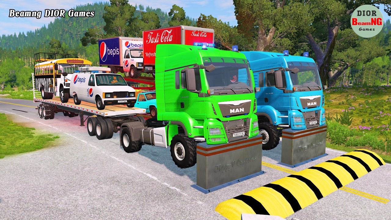 Double Flatbed Trailer Truck vs speed bumps|Busses vs speed bumps|Beamng Drive|1312