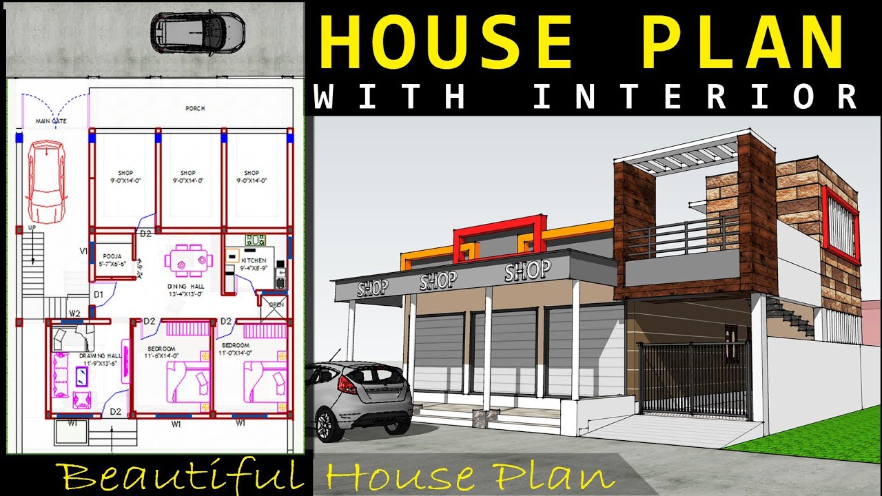 2BHK House with Shop || East facing House plan with Shop, Parking and interior