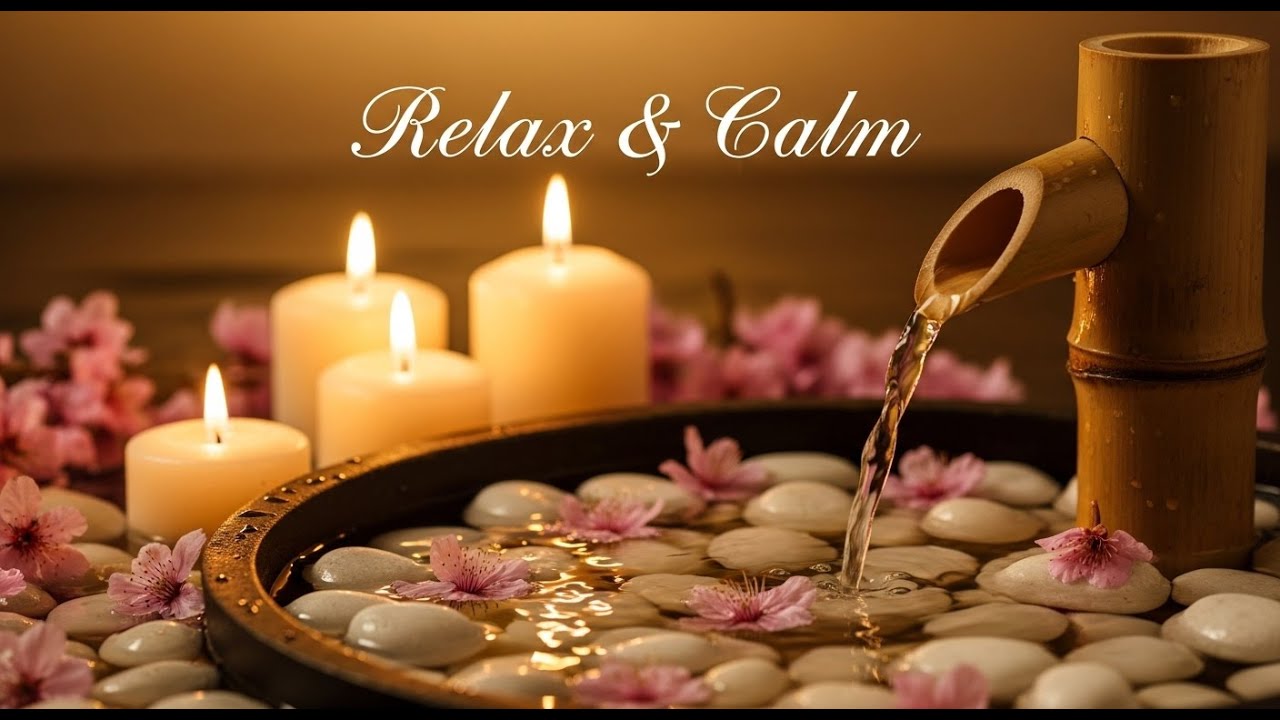Calming Zen Rain Retreat Bamboo Fountain and Candle Glow for Relaxation Meditation and Sleep Peace