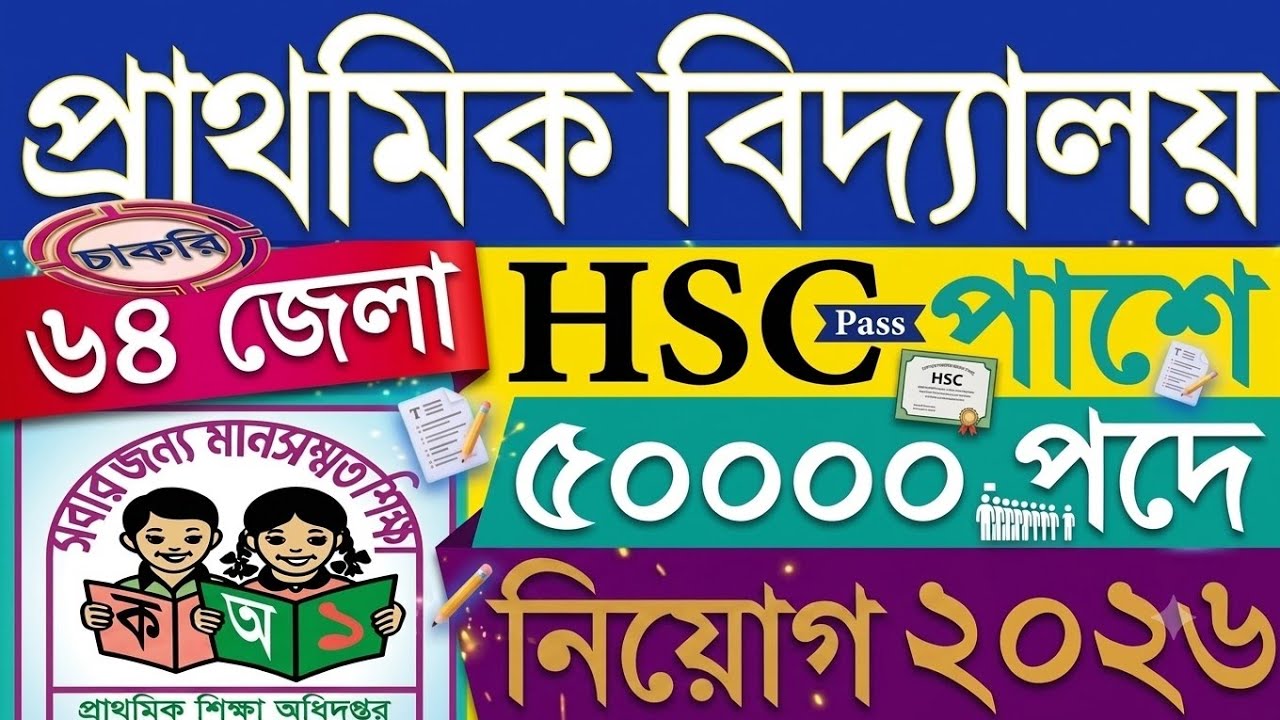 HSC পাশে প্রাইমারিতে ১ম ধাপে ৫০০০০ সহকারী শিক্ষক নিয়োগ বিজ্ঞপ্তি ২০২৬।primary 1st step job circular