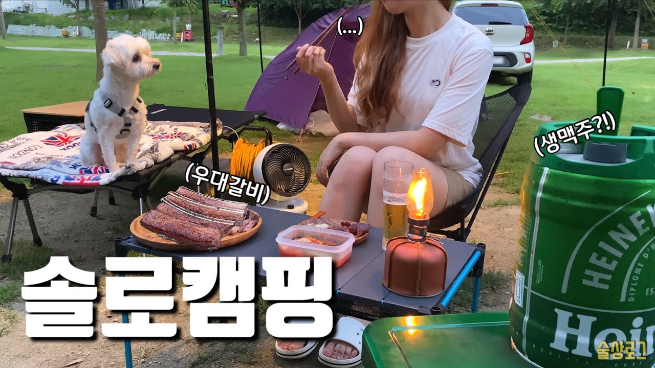 [술상로그][ENG] 계곡 앞에서 조용히 우대갈비 뜯는 솔로캠핑 | 혼자서 계곡 폭포수 맞으며 생맥주 벌컥벌컥  | 핏들캠핑장에서 호두랑 힐링 | Solo camping vlog
