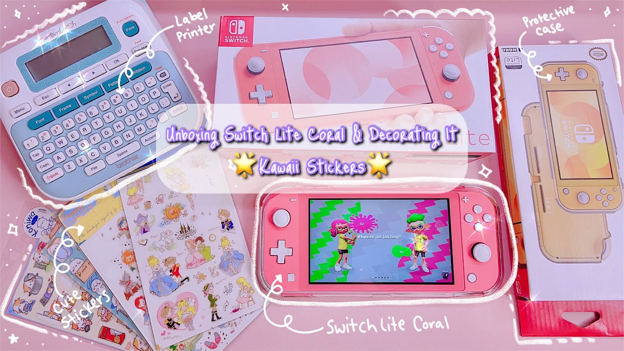 [4K] Unboxing Coral Switch Lite and Decorating It 💕 | Kawaii Switch Lite ✨ Cute Stickers