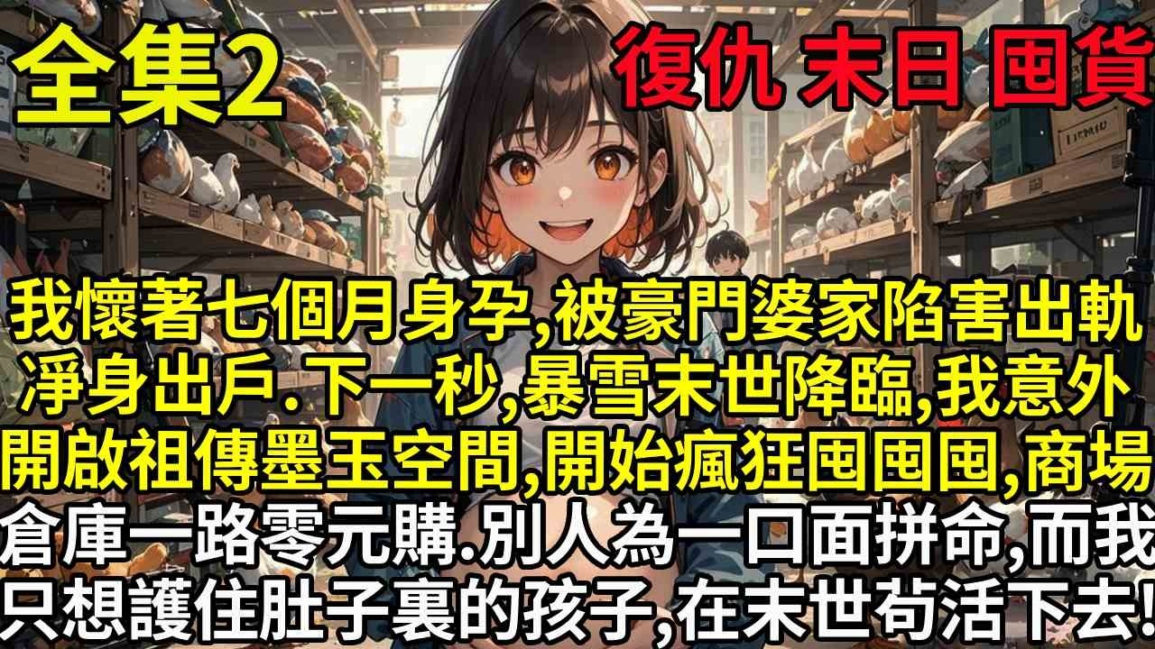 【2】我懷著七個月身孕，被豪門婆家陷害出軌，凈身出戶。下一秒，暴雪末世降臨，我意外開啟祖傳墨玉空間，開始瘋狂囤囤囤，商場倉庫一路零元購。別人為一口面拼命，而我只想護住肚子裏的孩子，在末世茍活下去！