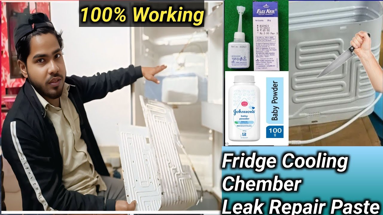 Repair the Fridge chamber leakage using of Flex kwik and powder.Fridge cooling chember leak repair