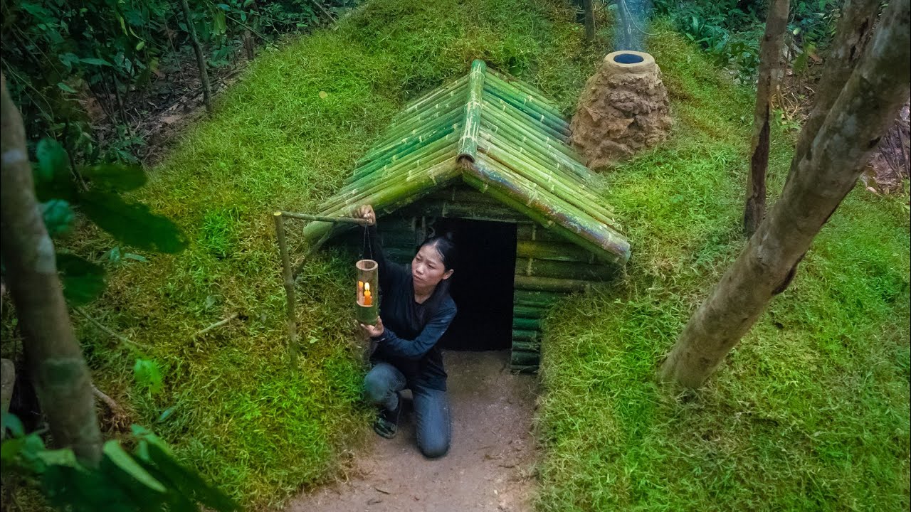 GIRL LIVING OFF THE GRID BUILD THE MOST BEAUTIFUL SECRET UNDERGROUND BAMBOO HOUSE