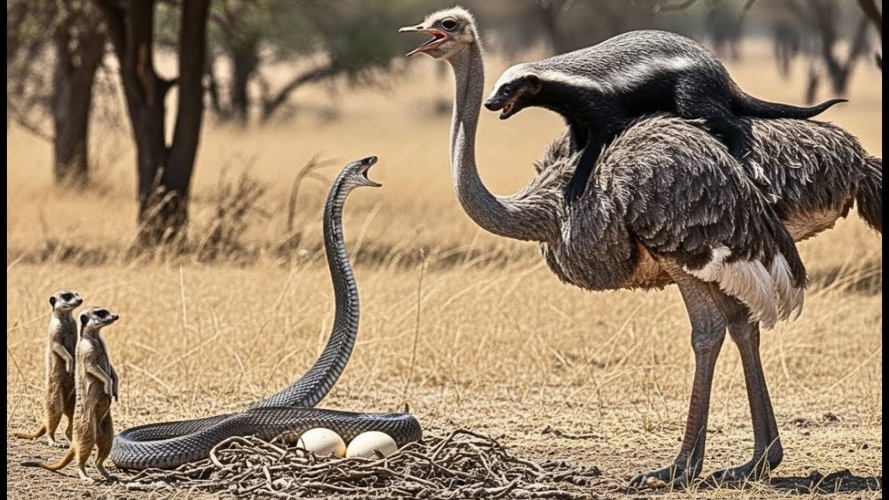 Fierce Clash Over Ostrich Eggs: Cobra vs Ostrich – The Honey Badger Appears! | Animal Fights