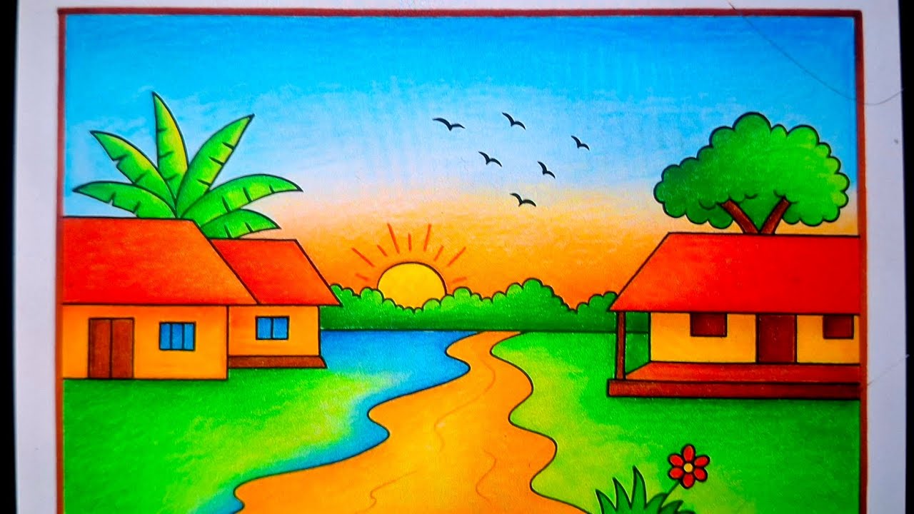 Simple village scenery drawing. Easy pencil sketch for beginners.  #landscapedrawing #drawing #art 