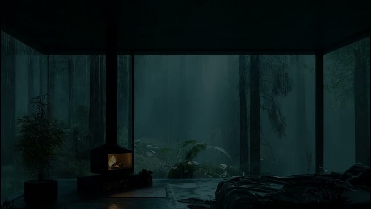 🌑 Dark Forest Rainstorm — Fireplace Background for All-Night Sleep 🌌  | Soothing Rainy Day Vibes
